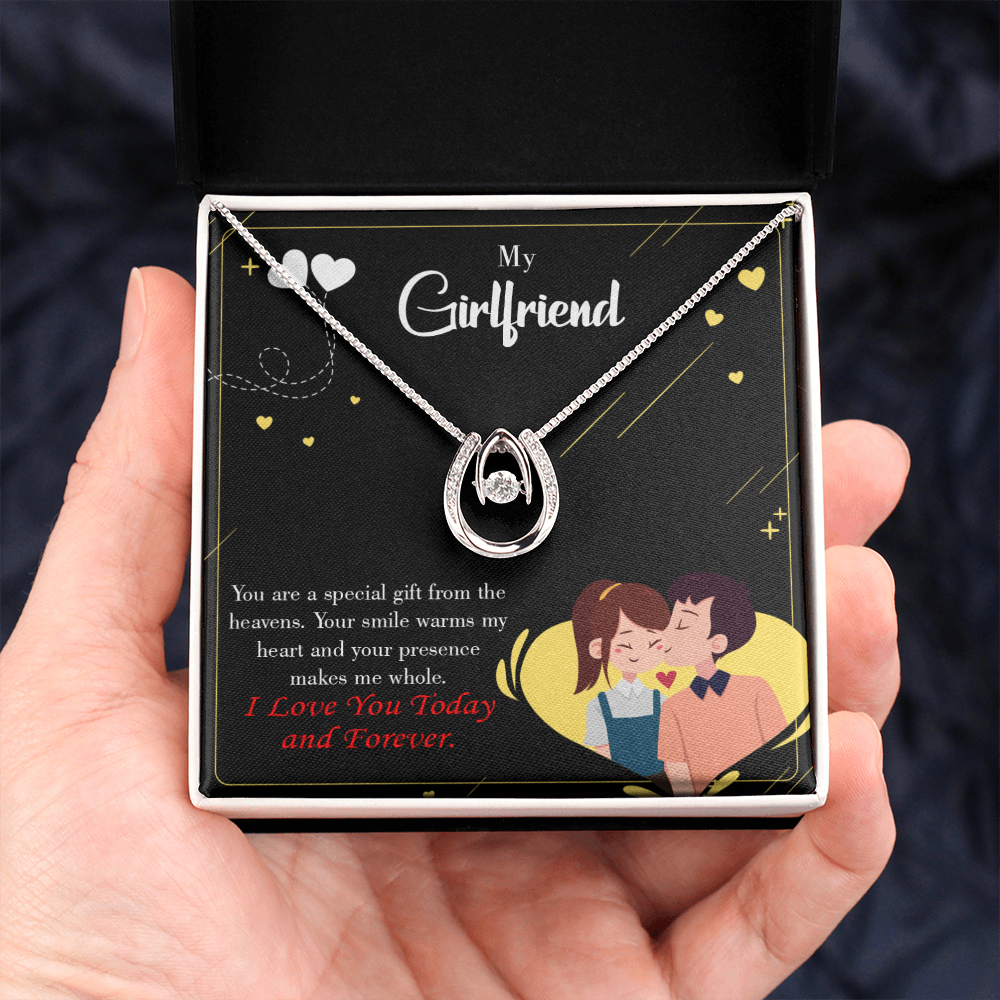 To My Girlfriend Today & Forever Lucky Horseshoe Necklace Message Card 14k w CZ Crystals-Express Your Love Gifts