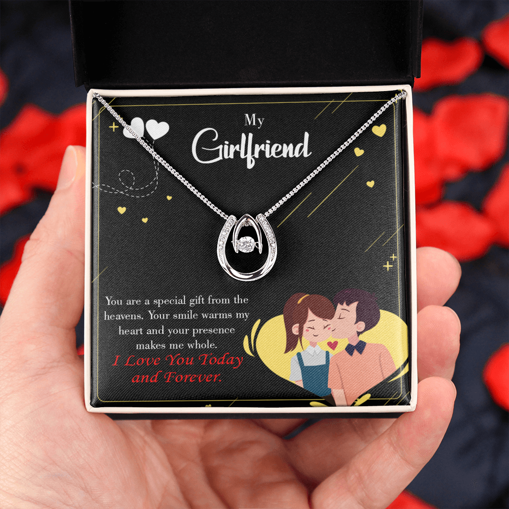 To My Girlfriend Today & Forever Lucky Horseshoe Necklace Message Card 14k w CZ Crystals-Express Your Love Gifts