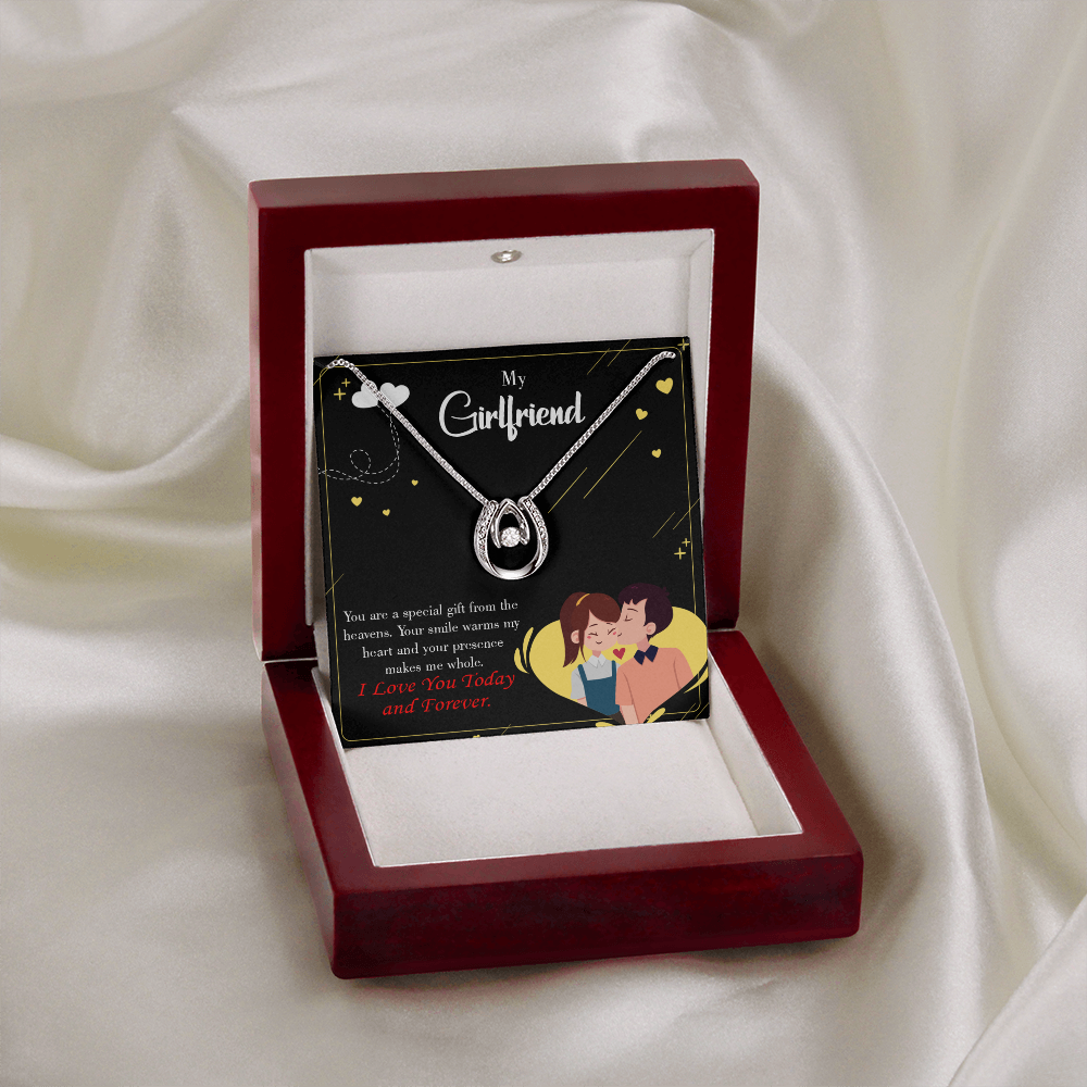 To My Girlfriend Today & Forever Lucky Horseshoe Necklace Message Card 14k w CZ Crystals-Express Your Love Gifts