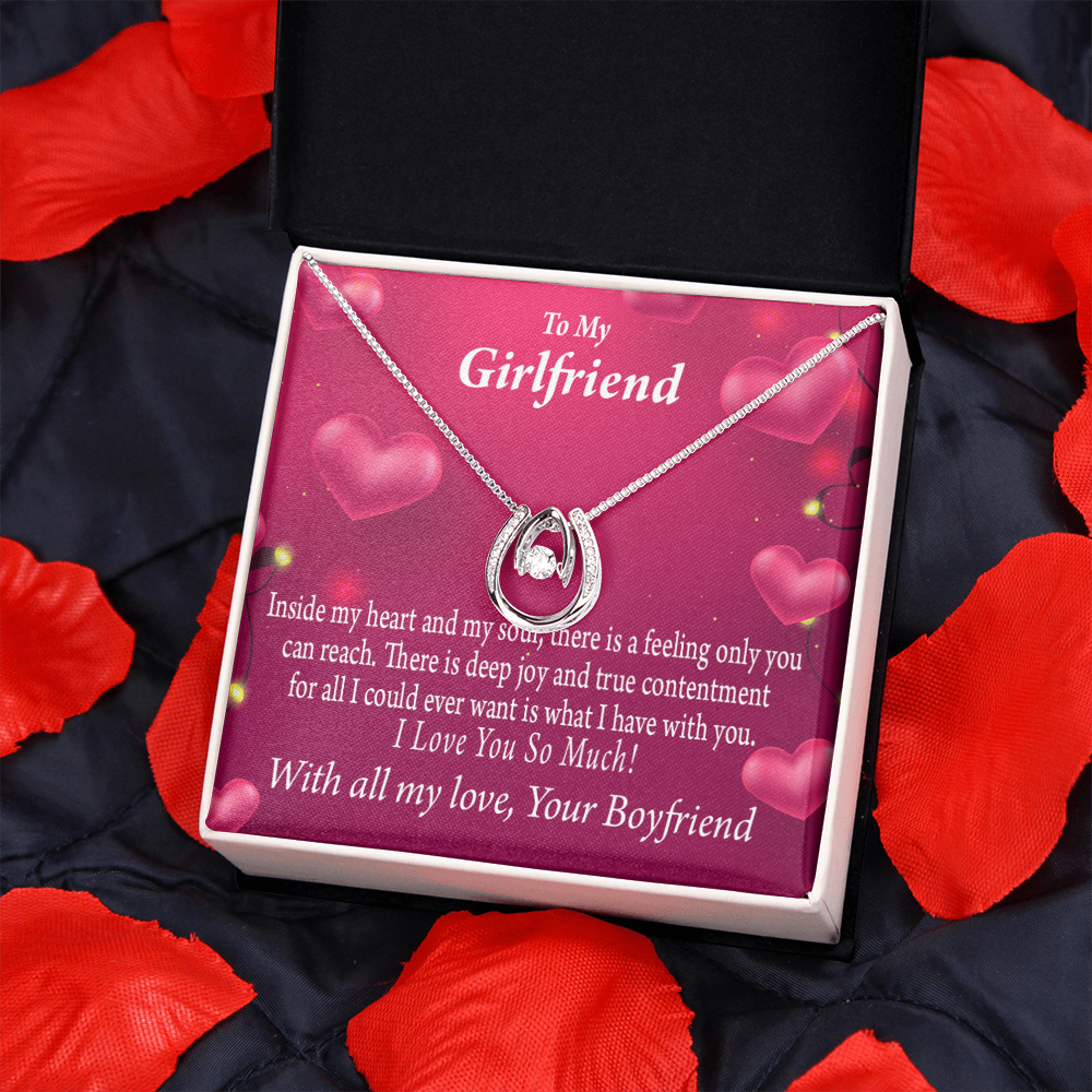 To My Girlfriend True Contentment Lucky Horseshoe Necklace Message Card 14k w CZ Crystals-Express Your Love Gifts