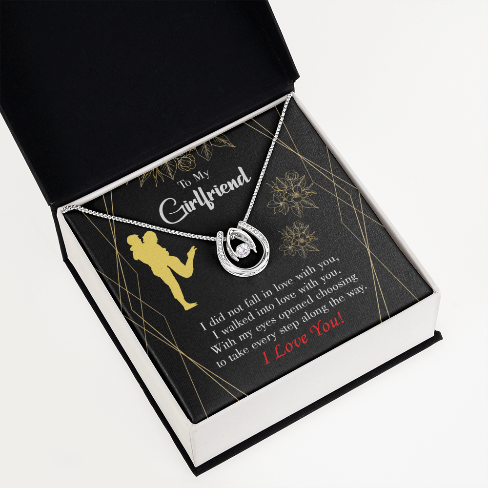 To My Girlfriend Walked Into Love Lucky Horseshoe Necklace Message Card 14k w CZ Crystals-Express Your Love Gifts