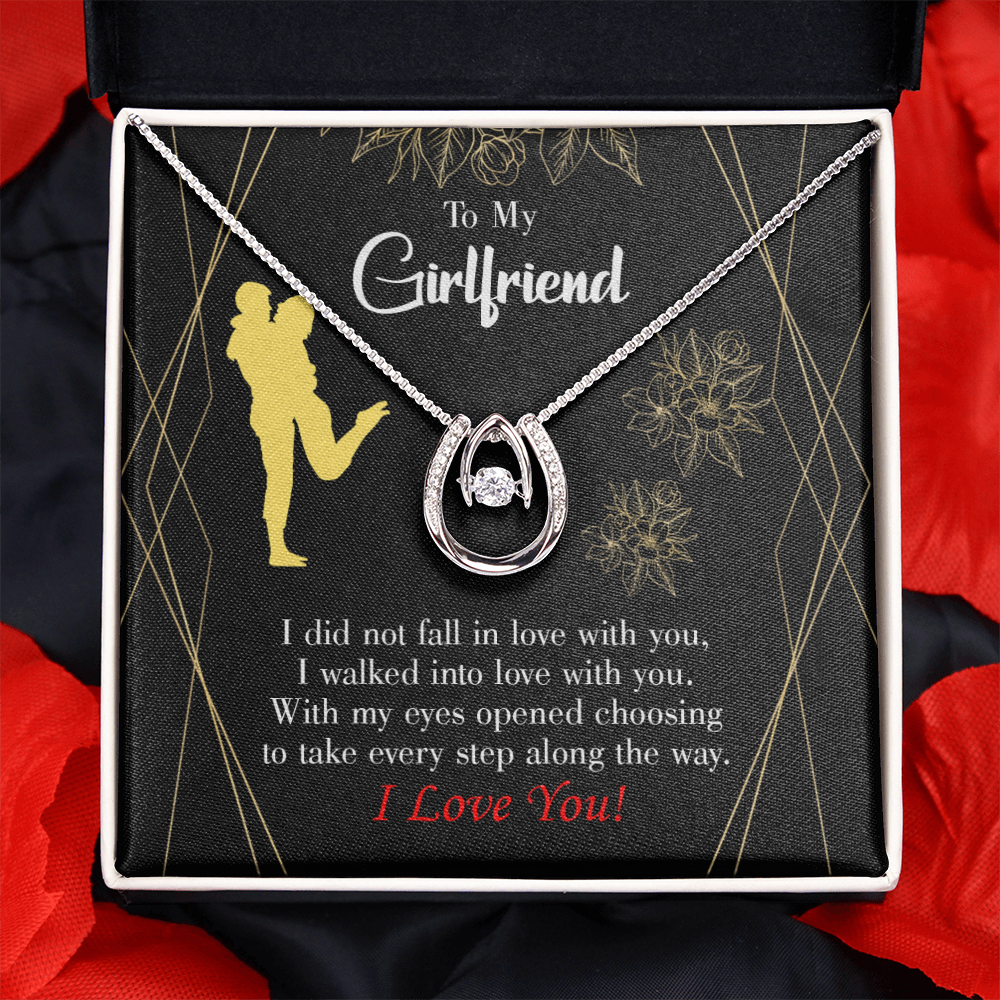 To My Girlfriend Walked Into Love Lucky Horseshoe Necklace Message Card 14k w CZ Crystals-Express Your Love Gifts