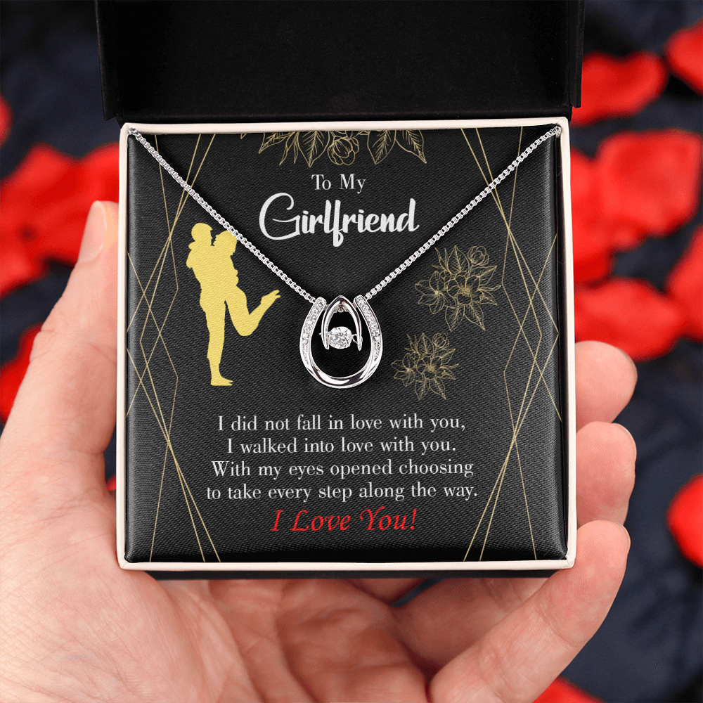 To My Girlfriend Walked Into Love Lucky Horseshoe Necklace Message Card 14k w CZ Crystals-Express Your Love Gifts