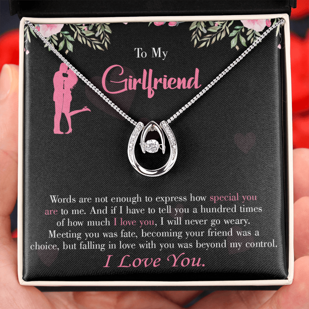 To My Girlfriend Words Are Not Enough Lucky Horseshoe Necklace Message Card 14k w CZ Crystals-Express Your Love Gifts