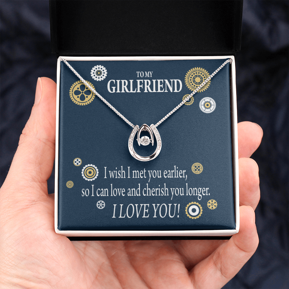 To My Girlfriend You Are Cherished Lucky Horseshoe Necklace Message Card 14k w CZ Crystals-Express Your Love Gifts