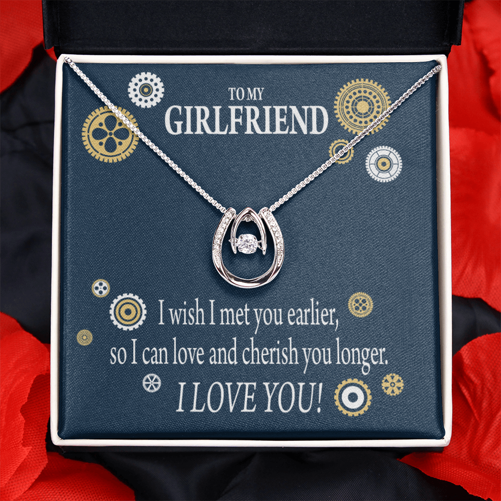 To My Girlfriend You Are Cherished Lucky Horseshoe Necklace Message Card 14k w CZ Crystals-Express Your Love Gifts
