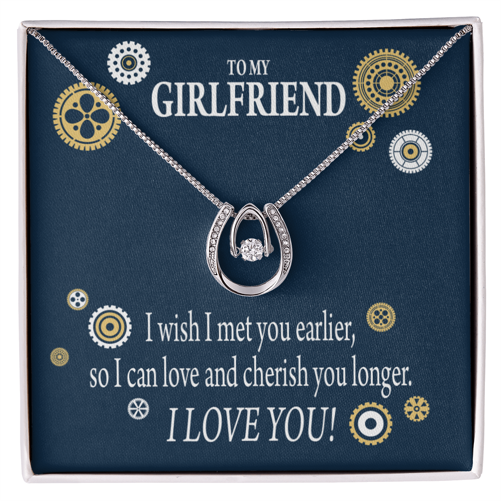 To My Girlfriend You Are Cherished Lucky Horseshoe Necklace Message Card 14k w CZ Crystals-Express Your Love Gifts