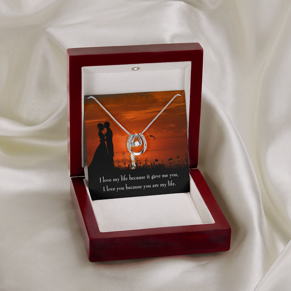 To My Girlfriend You Are MY Life Lucky Horseshoe Necklace Message Card 14k w CZ Crystals-Express Your Love Gifts