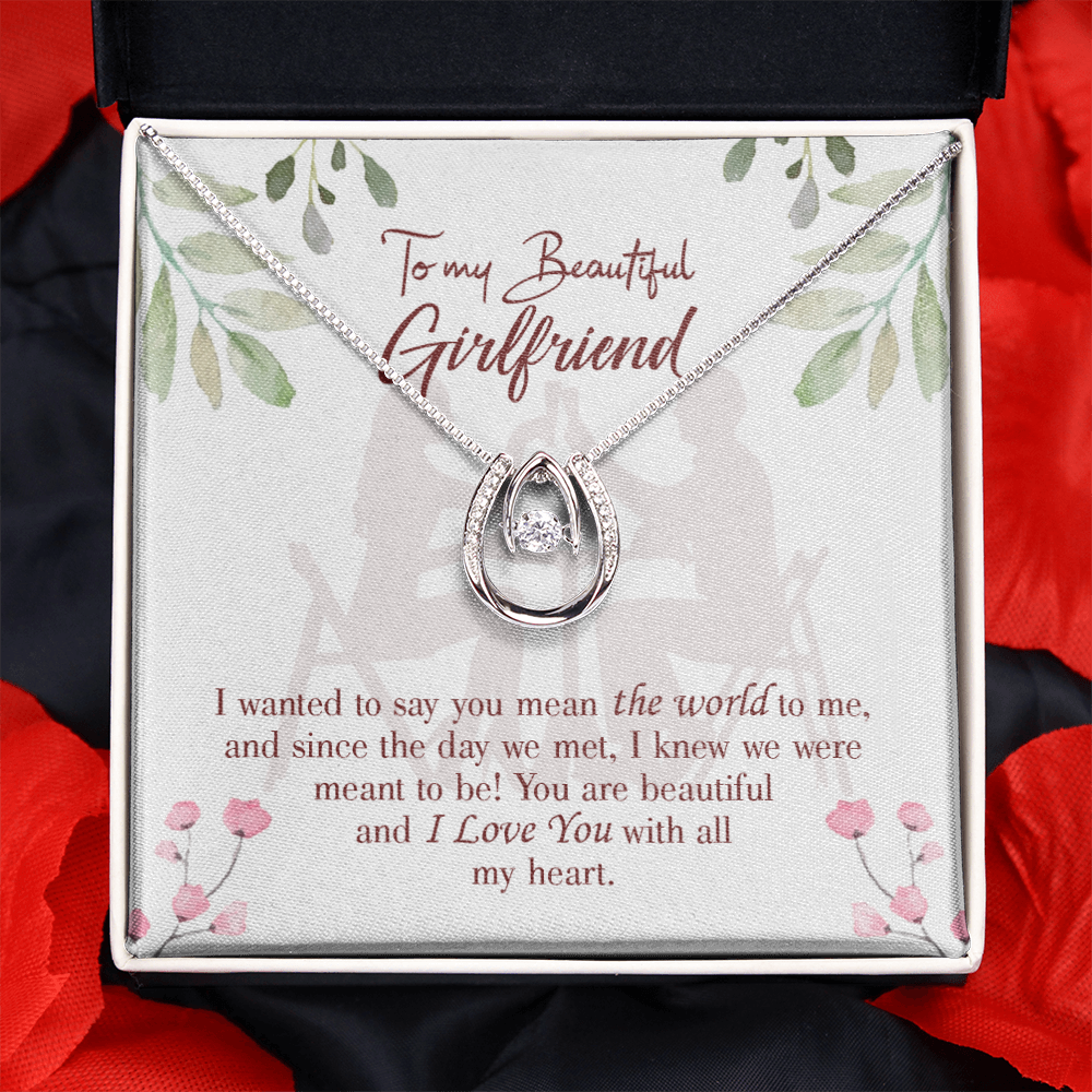 To My Girlfriend You Are My World Lucky Horseshoe Necklace Message Card 14k w CZ Crystals-Express Your Love Gifts