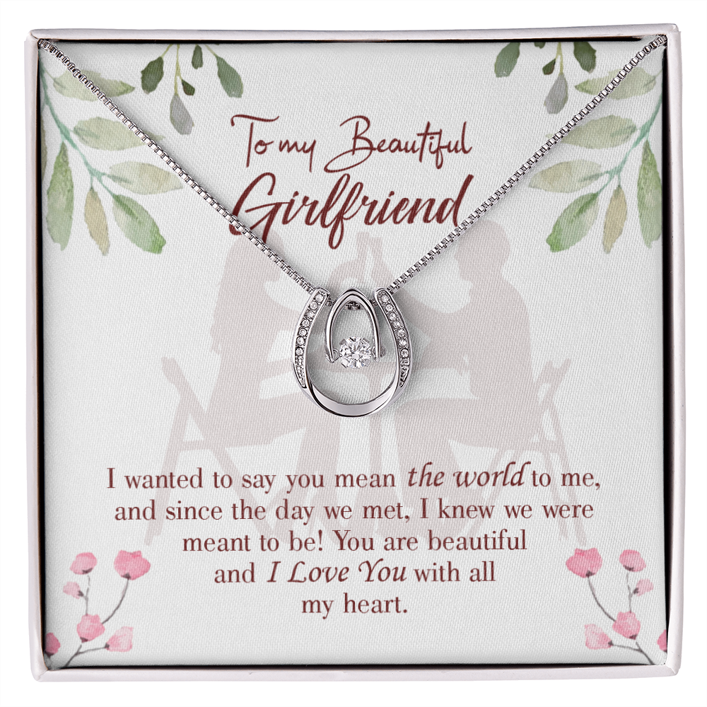 To My Girlfriend You Are My World Lucky Horseshoe Necklace Message Card 14k w CZ Crystals-Express Your Love Gifts