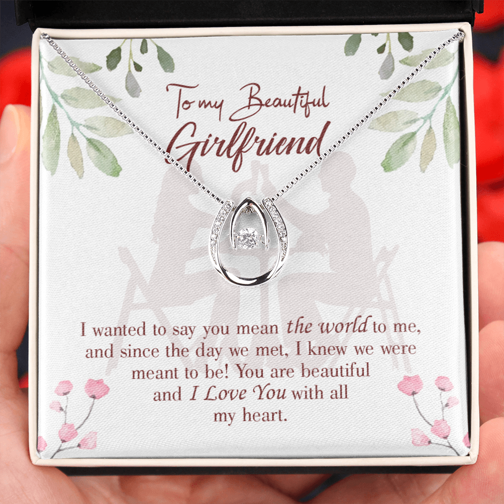 To My Girlfriend You Are My World Lucky Horseshoe Necklace Message Card 14k w CZ Crystals-Express Your Love Gifts
