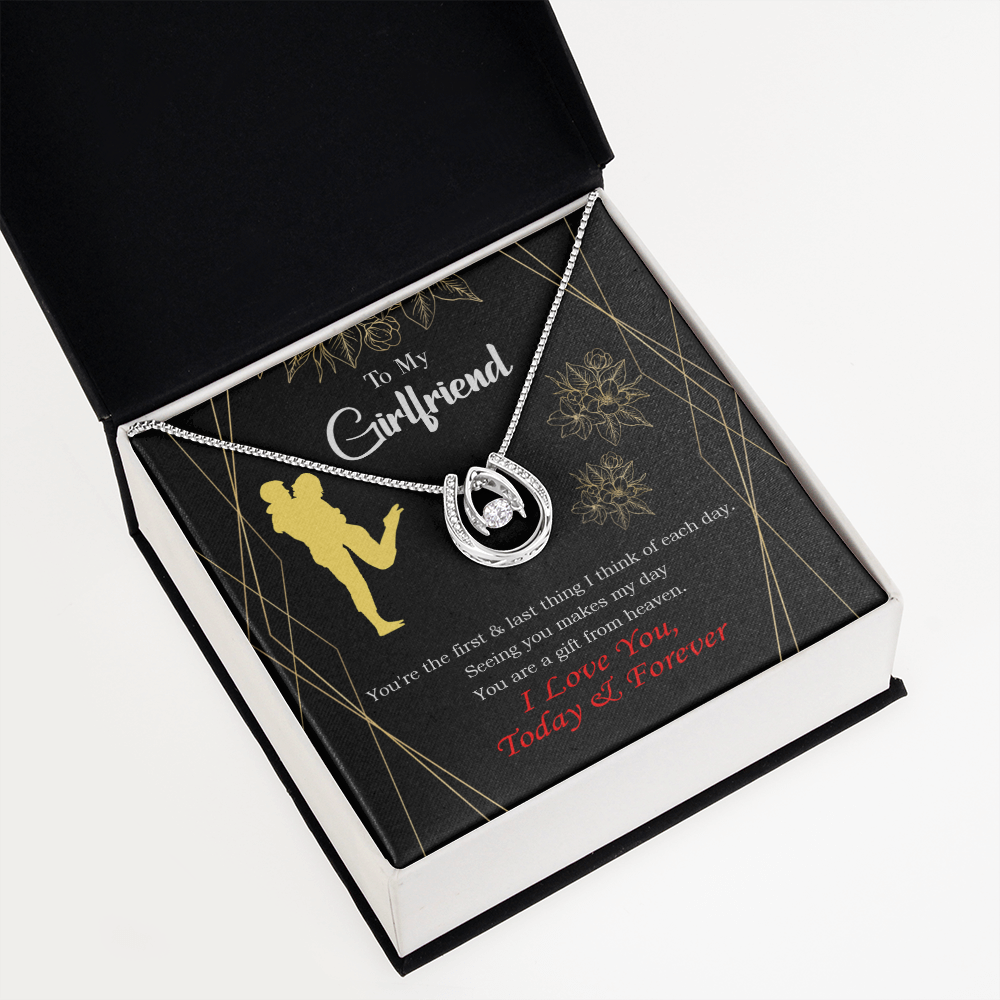 To My Girlfriend You Make my Day Lucky Horseshoe Necklace Message Card 14k w CZ Crystals-Express Your Love Gifts