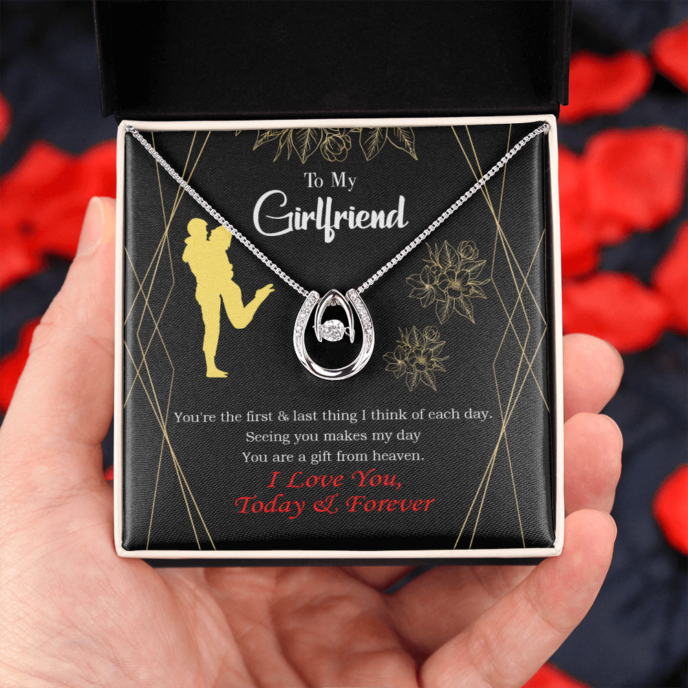 To My Girlfriend You Make my Day Lucky Horseshoe Necklace Message Card 14k w CZ Crystals-Express Your Love Gifts