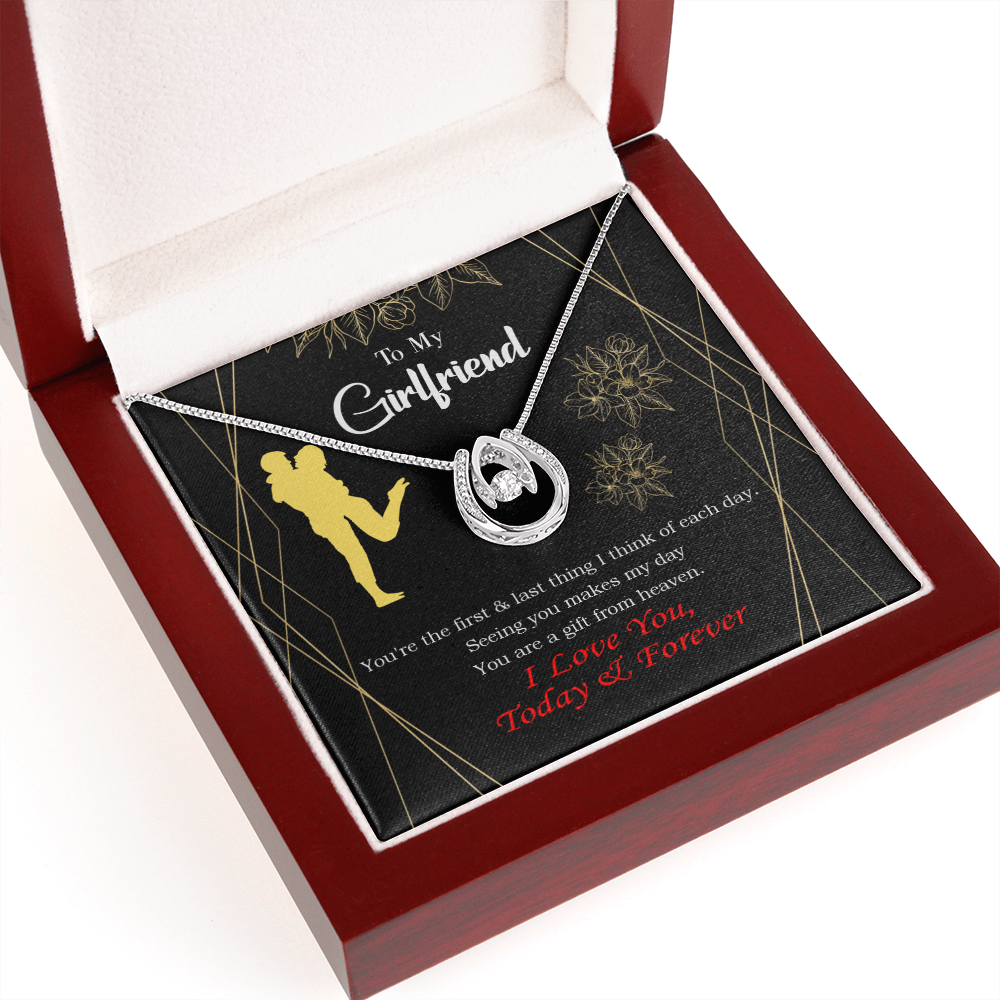 To My Girlfriend You Make my Day Lucky Horseshoe Necklace Message Card 14k w CZ Crystals-Express Your Love Gifts
