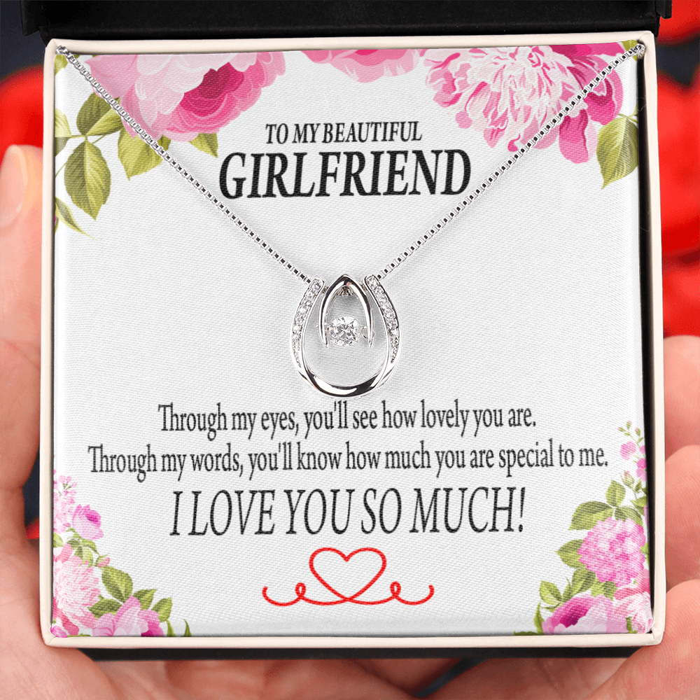 To My Girlfriend Your Special Lucky Horseshoe Necklace Message Card 14k w CZ Crystals-Express Your Love Gifts