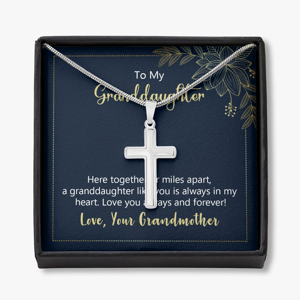 To My Granddaughter Here Together or Miles Apart Cross Card Necklace w Stainless Steel Pendant-Express Your Love Gifts