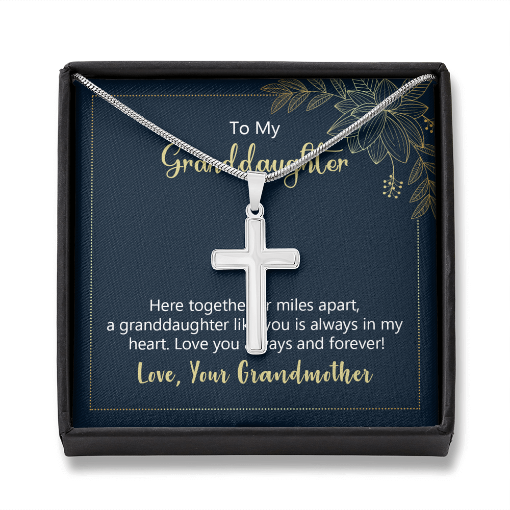 To My Granddaughter Here Together or Miles Apart Cross Card Necklace w Stainless Steel Pendant-Express Your Love Gifts