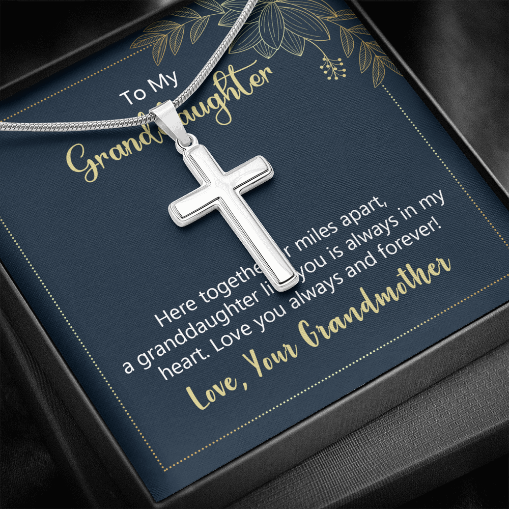 To My Granddaughter Here Together or Miles Apart Cross Card Necklace w Stainless Steel Pendant-Express Your Love Gifts