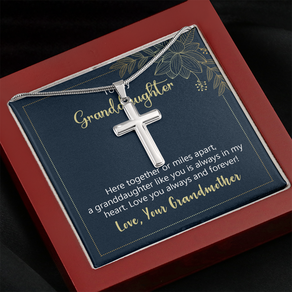To My Granddaughter Here Together or Miles Apart Cross Card Necklace w Stainless Steel Pendant-Express Your Love Gifts