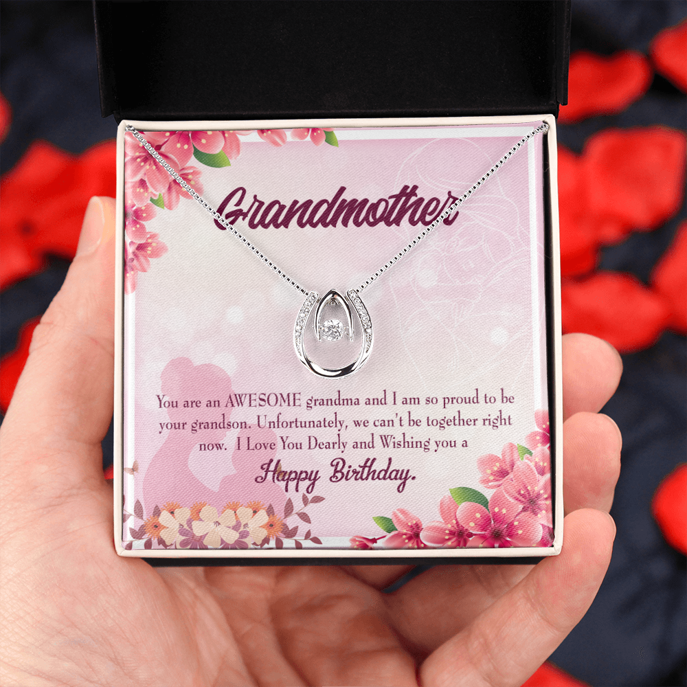To My Grandma Awesome Grandma Pink Lucky Horseshoe Necklace Message Card 14k w CZ Crystals-Express Your Love Gifts