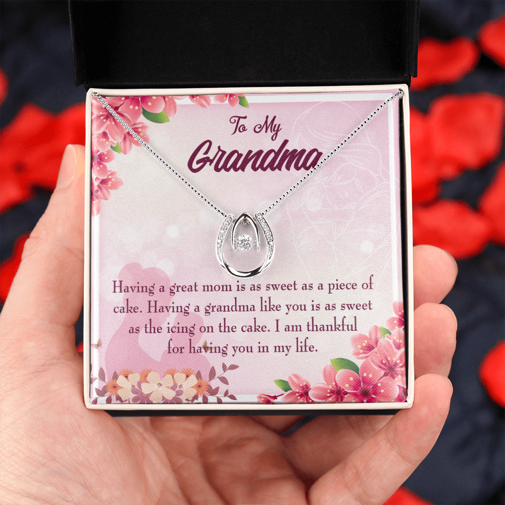 To My Grandma Icing on the Cake Lucky Horseshoe Necklace Message Card 14k w CZ Crystals-Express Your Love Gifts