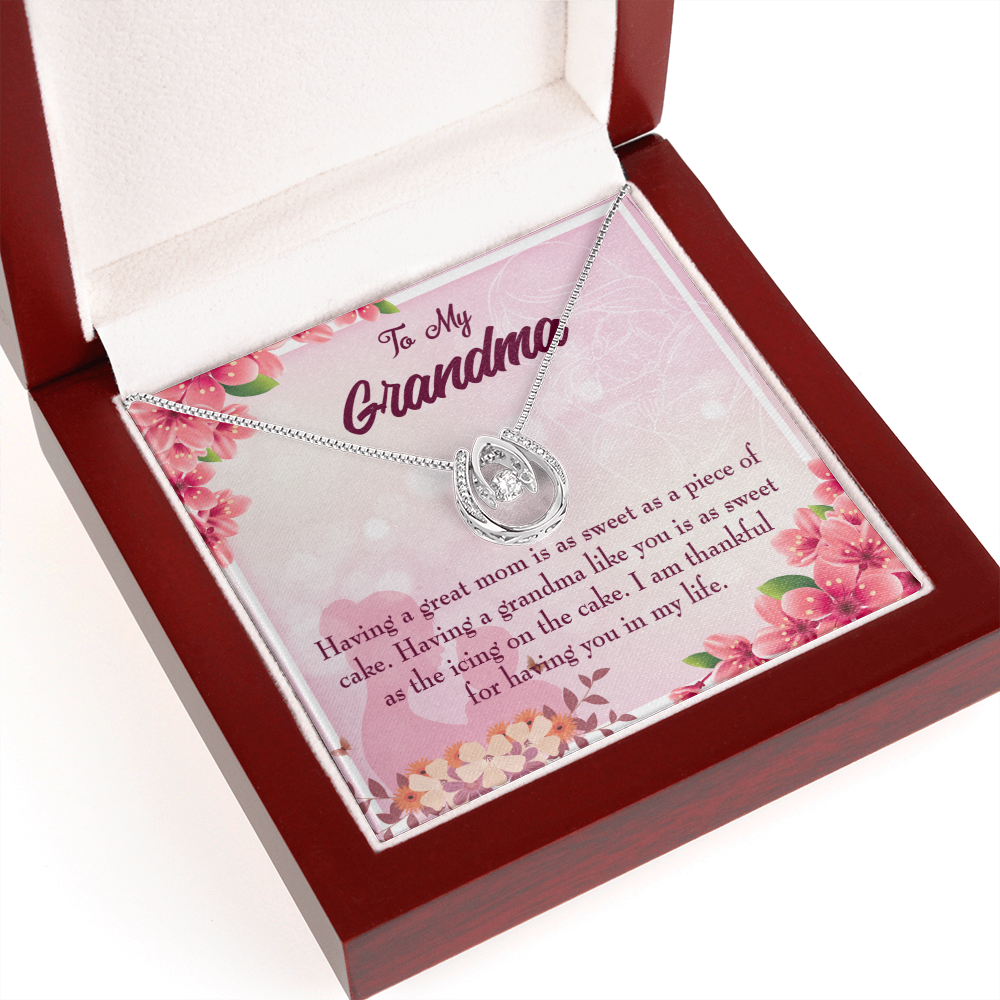 To My Grandma Icing on the Cake Lucky Horseshoe Necklace Message Card 14k w CZ Crystals-Express Your Love Gifts