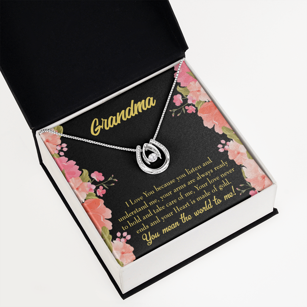 To My Grandma World Lucky Horseshoe Necklace Message Card 14k w CZ Crystals-Express Your Love Gifts