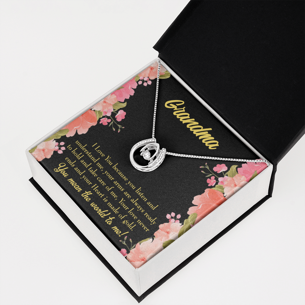 To My Grandma World Lucky Horseshoe Necklace Message Card 14k w CZ Crystals-Express Your Love Gifts