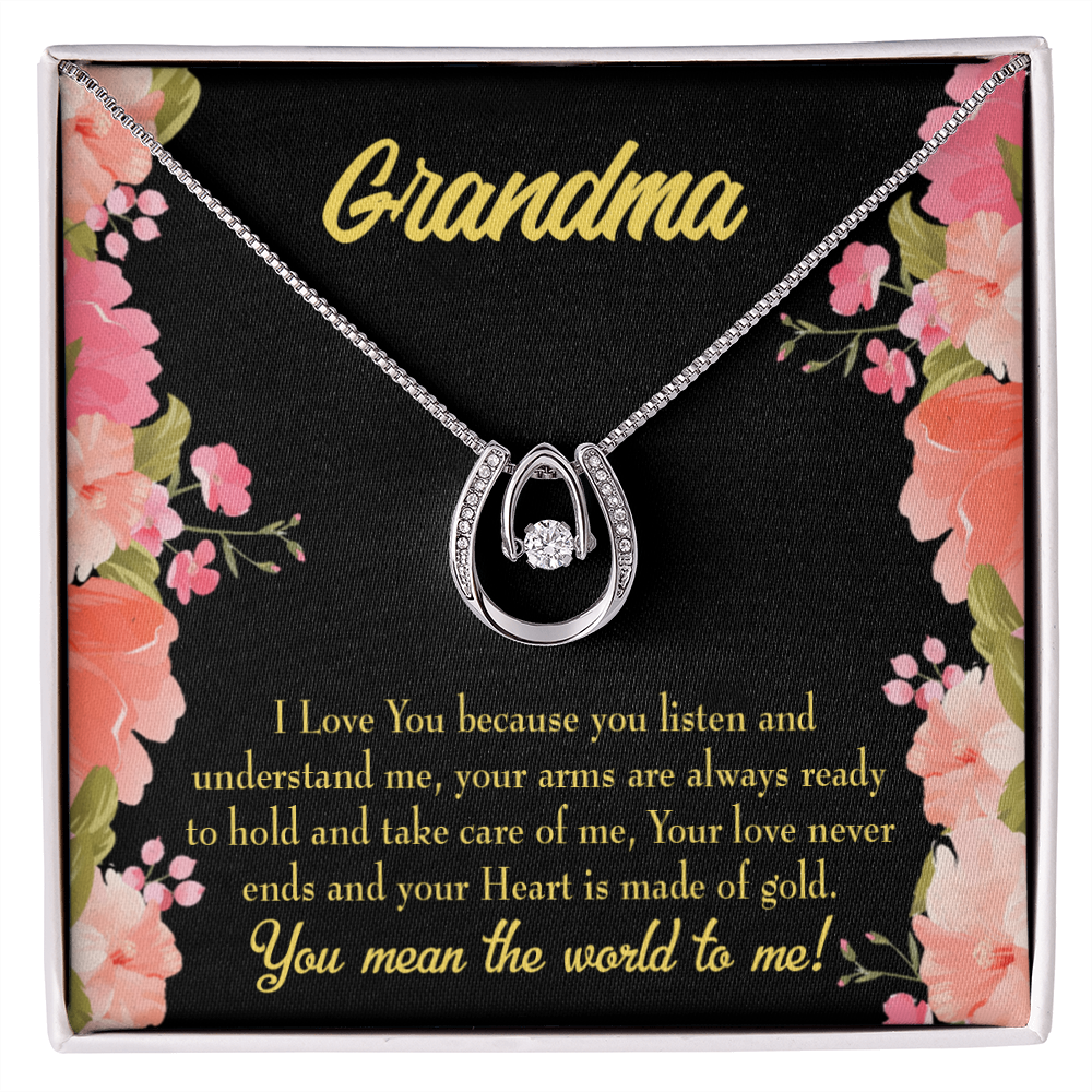 To My Grandma World Lucky Horseshoe Necklace Message Card 14k w CZ Crystals-Express Your Love Gifts