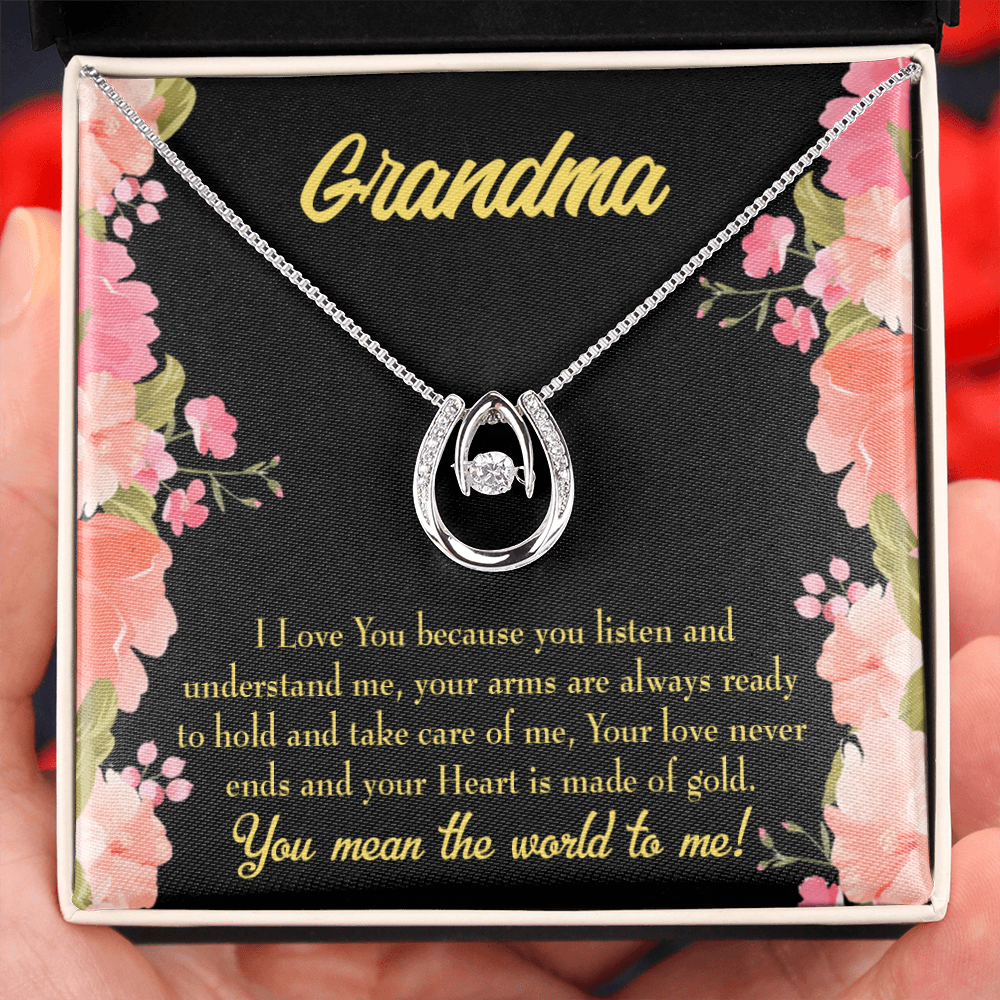 To My Grandma World Lucky Horseshoe Necklace Message Card 14k w CZ Crystals-Express Your Love Gifts