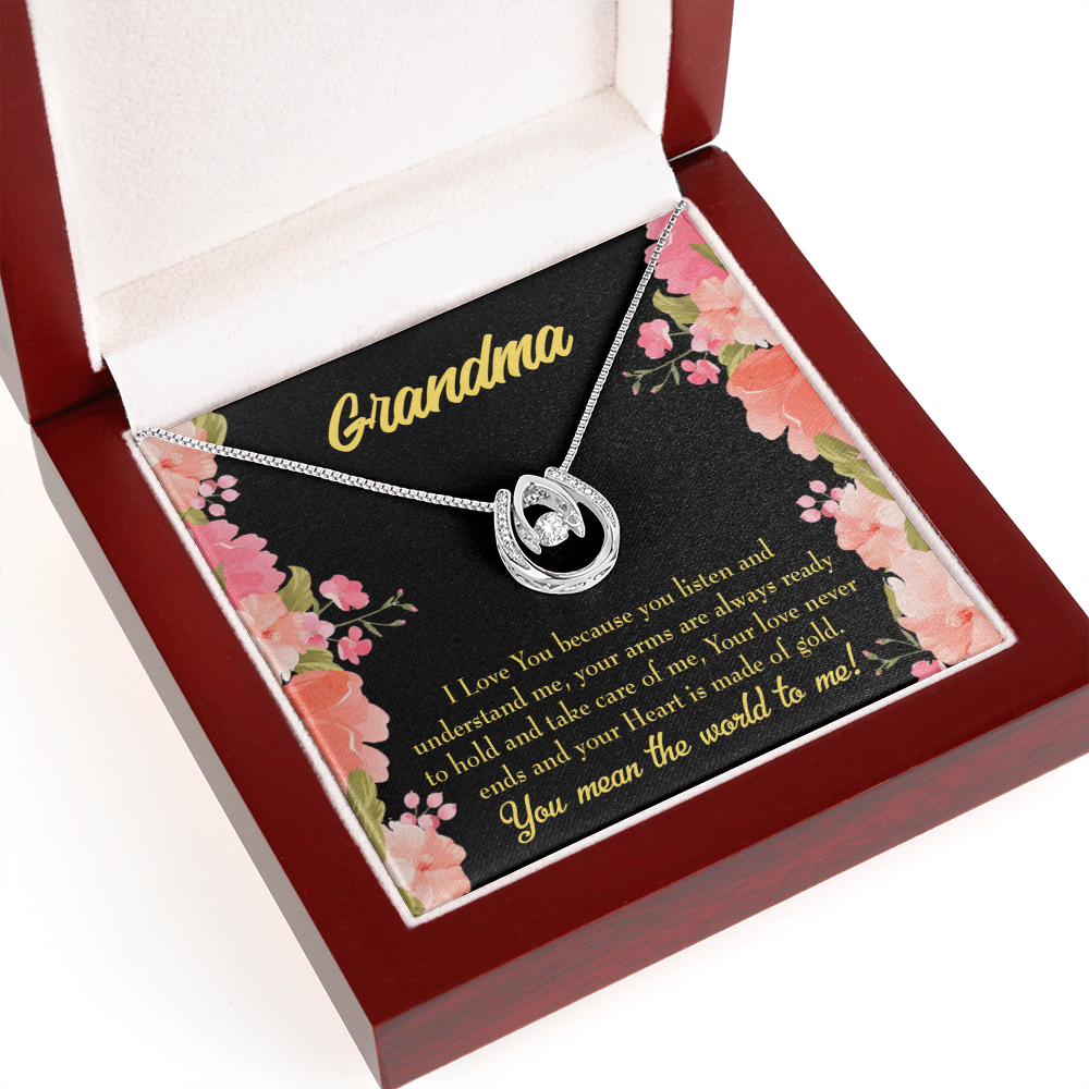 To My Grandma World Lucky Horseshoe Necklace Message Card 14k w CZ Crystals-Express Your Love Gifts