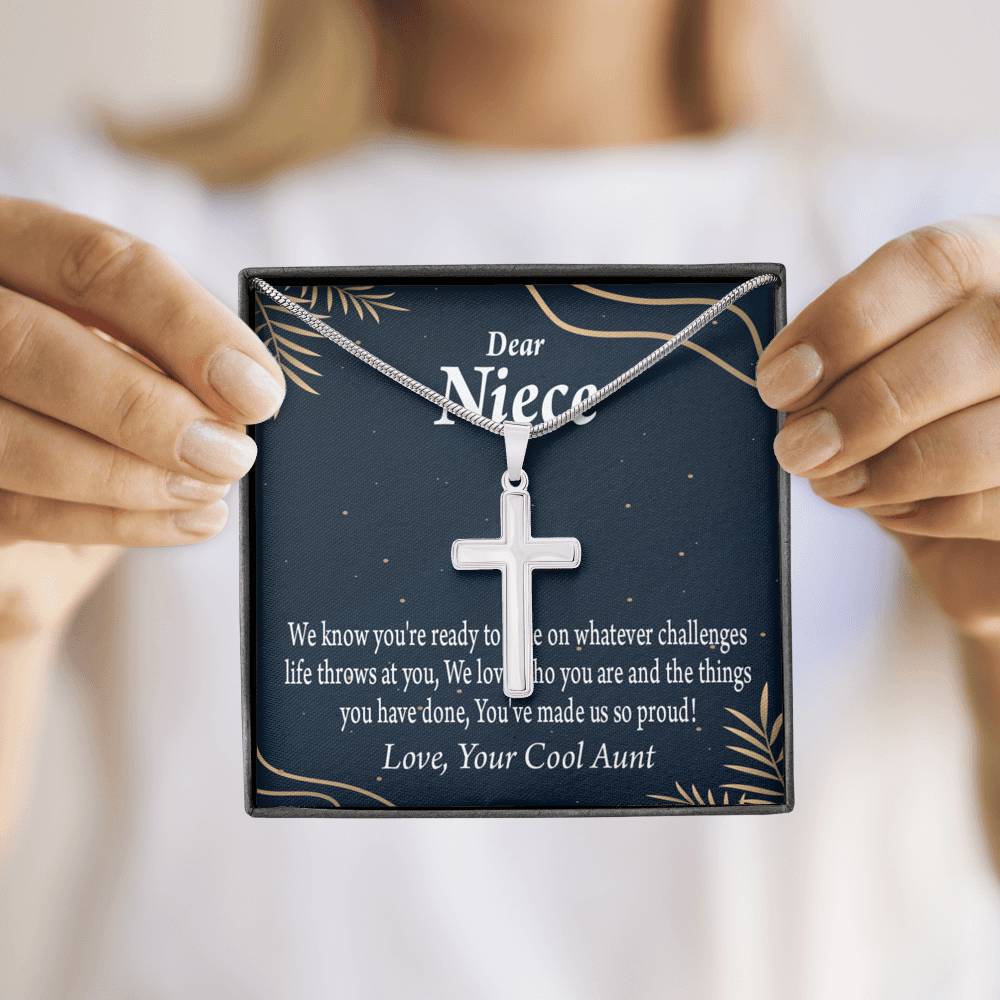 To My Niece You Make Us Proud Cross Card Necklace w Stainless Steel Pendant-Express Your Love Gifts