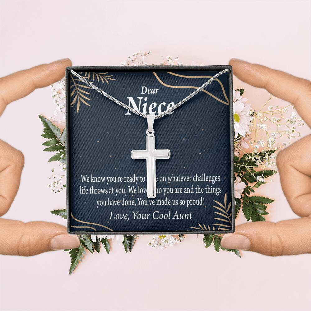 To My Niece You Make Us Proud Cross Card Necklace w Stainless Steel Pendant-Express Your Love Gifts