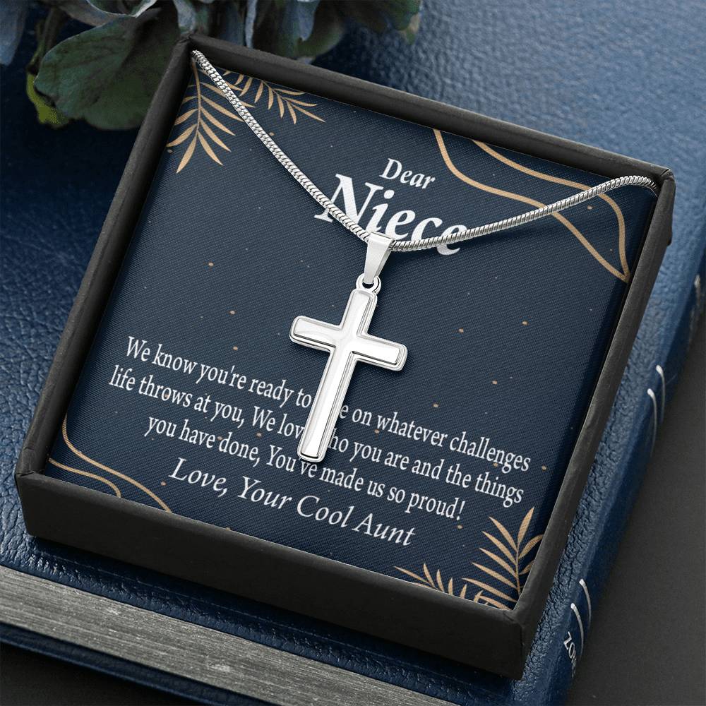 To My Niece You Make Us Proud Cross Card Necklace w Stainless Steel Pendant-Express Your Love Gifts
