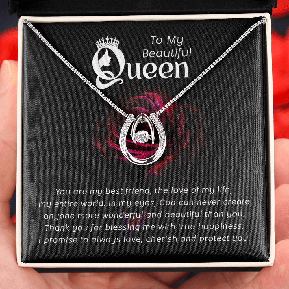 To My Queen Lucky Horseshoe Necklace Message Card 14k w CZ Crystals-Express Your Love Gifts