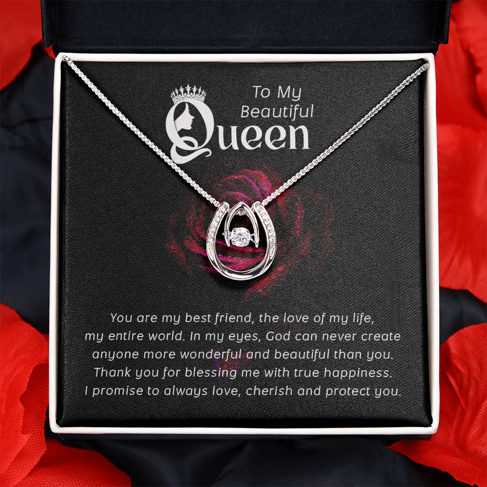 To My Queen Lucky Horseshoe Necklace Message Card 14k w CZ Crystals-Express Your Love Gifts