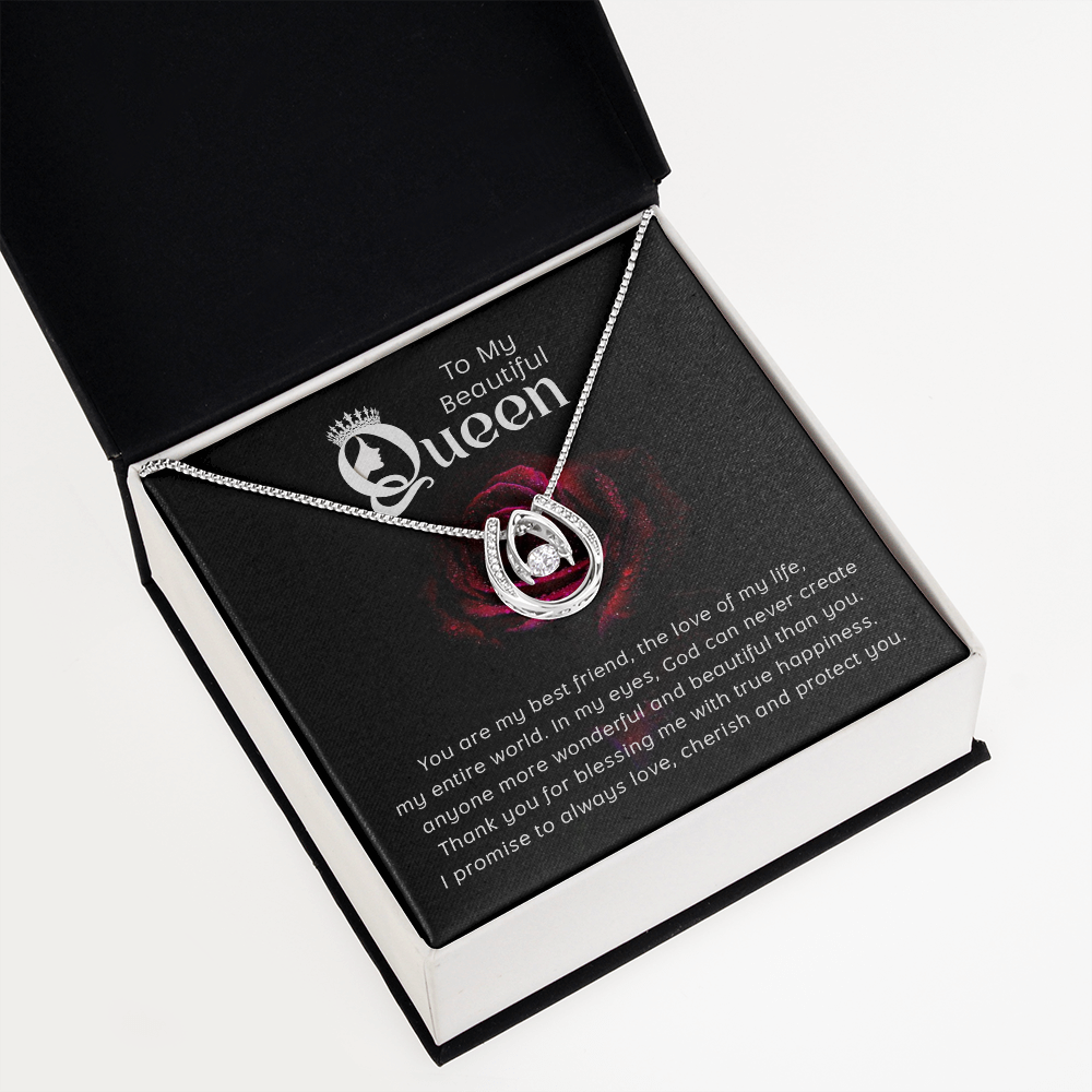 To My Queen Lucky Horseshoe Necklace Message Card 14k w CZ Crystals-Express Your Love Gifts