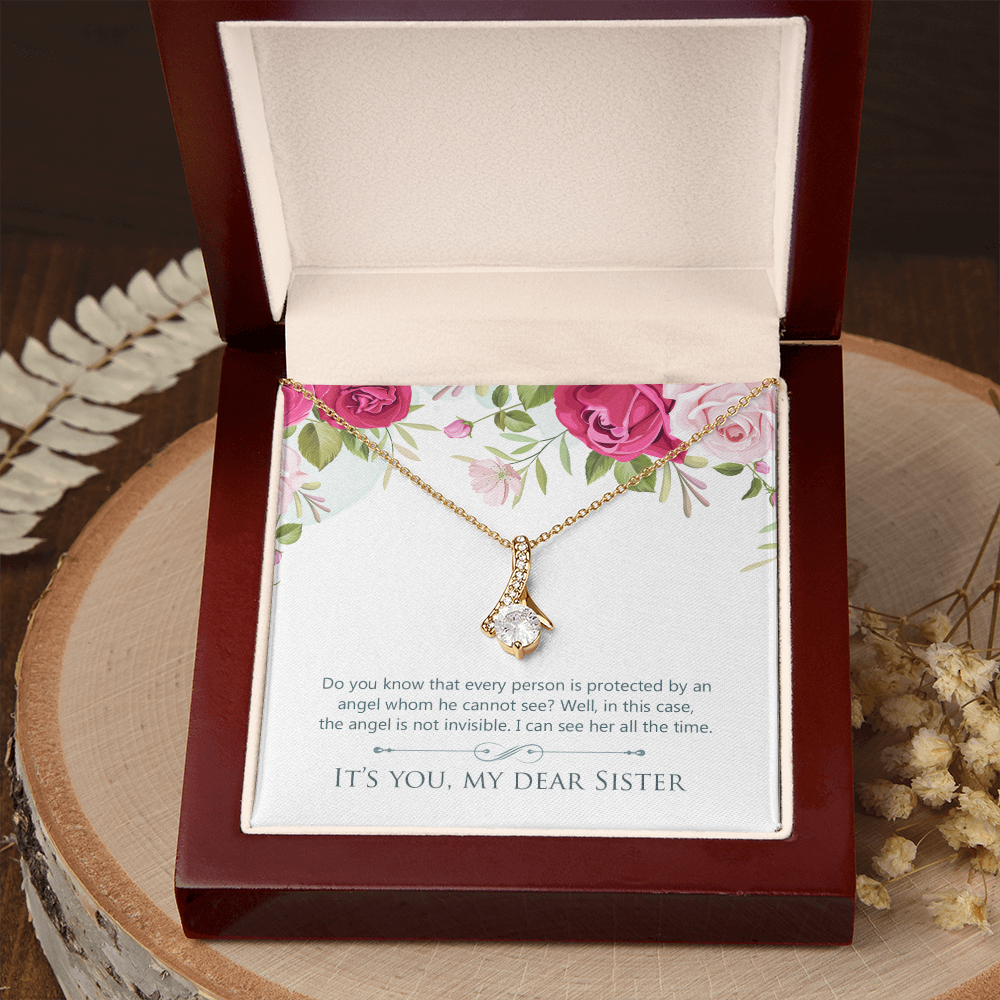 To My Sister Protected by an Angel Alluring Ribbon Necklace Message Card-Express Your Love Gifts