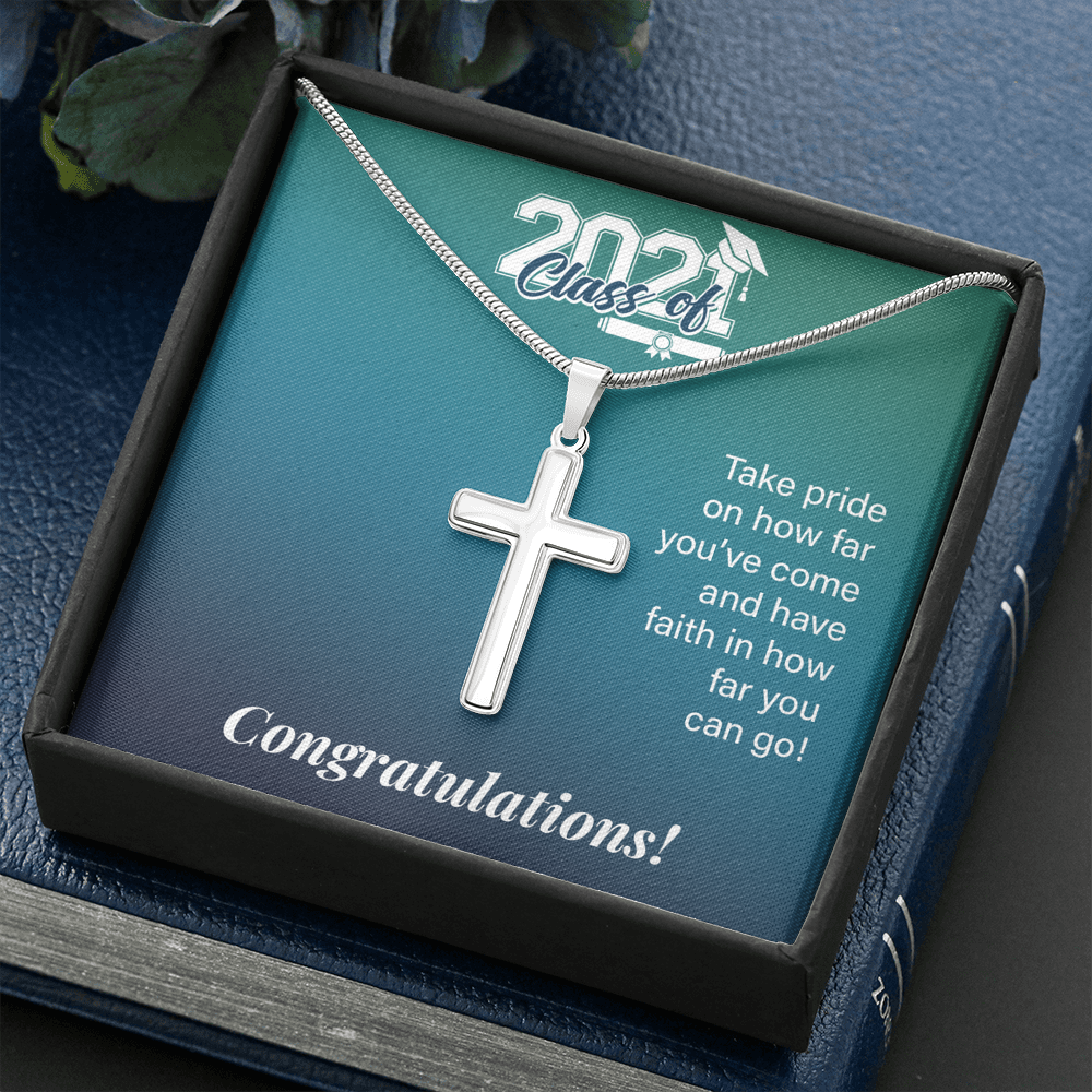 To My Son Class Of 2021 Graduation Message Card Cross Necklace w Stainless Steel Pendant-Express Your Love Gifts
