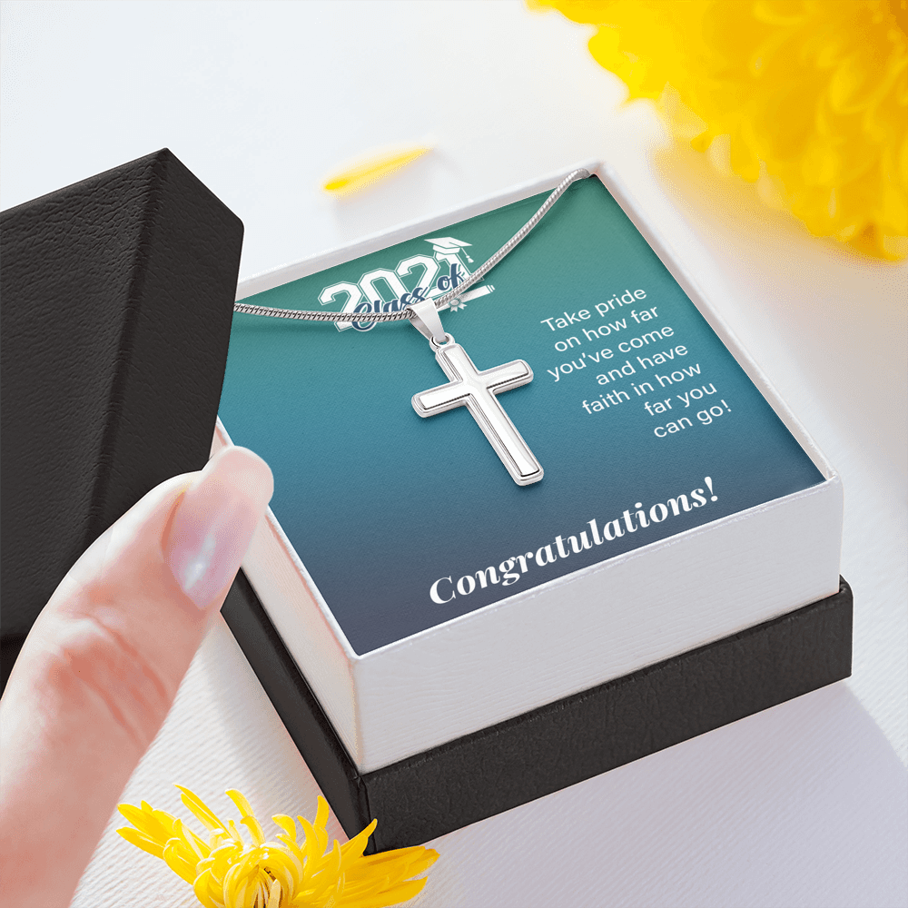 To My Son Class Of 2021 Graduation Message Card Cross Necklace w Stainless Steel Pendant-Express Your Love Gifts