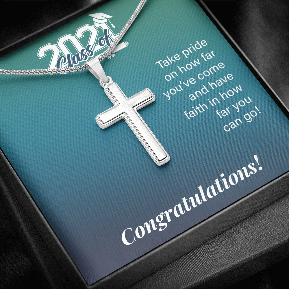 To My Son Class Of 2021 Graduation Message Card Cross Necklace w Stainless Steel Pendant-Express Your Love Gifts