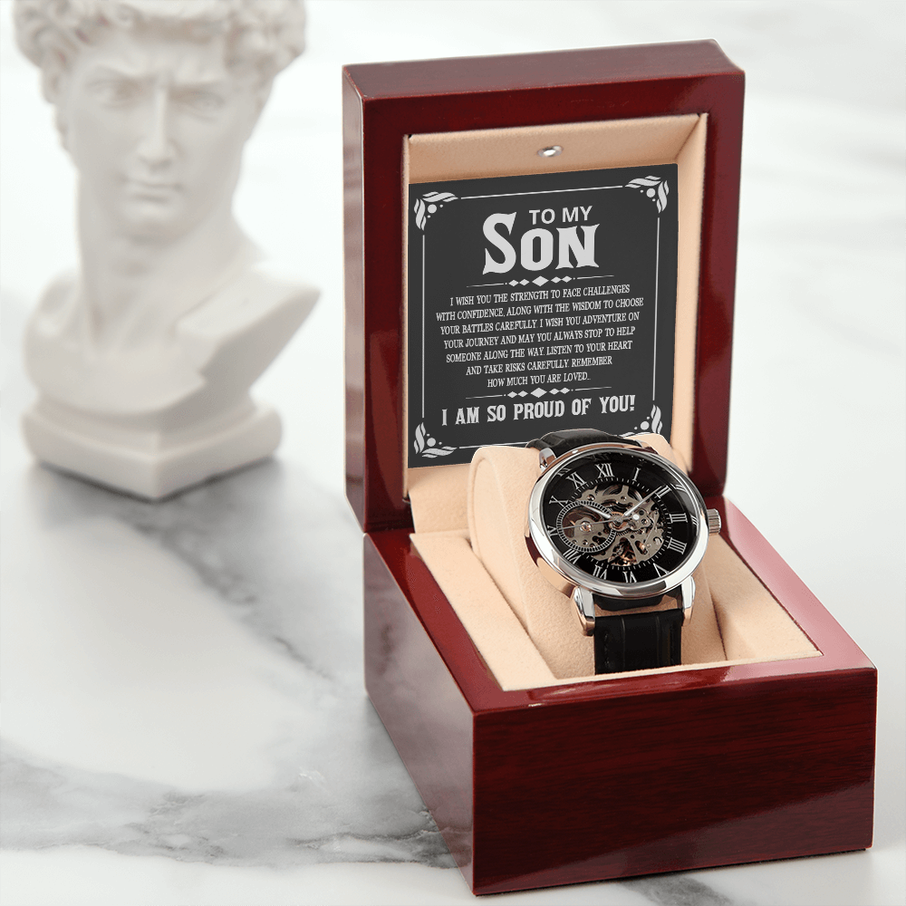 To My Son I Wish You The Strength Men's Openwork Watch With Mahogany Box-Express Your Love Gifts