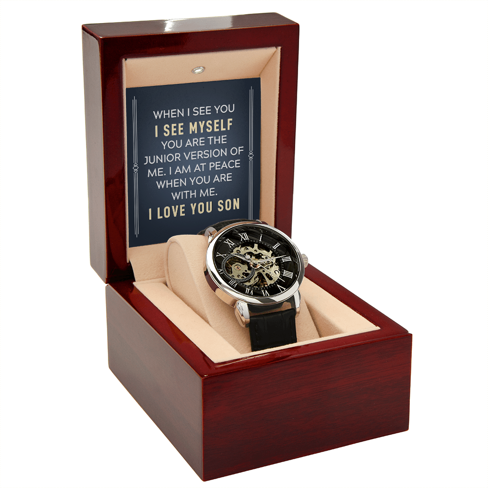 To My Son When I See You Men's Openwork Watch With Message Card in Mahogany Box-Express Your Love Gifts