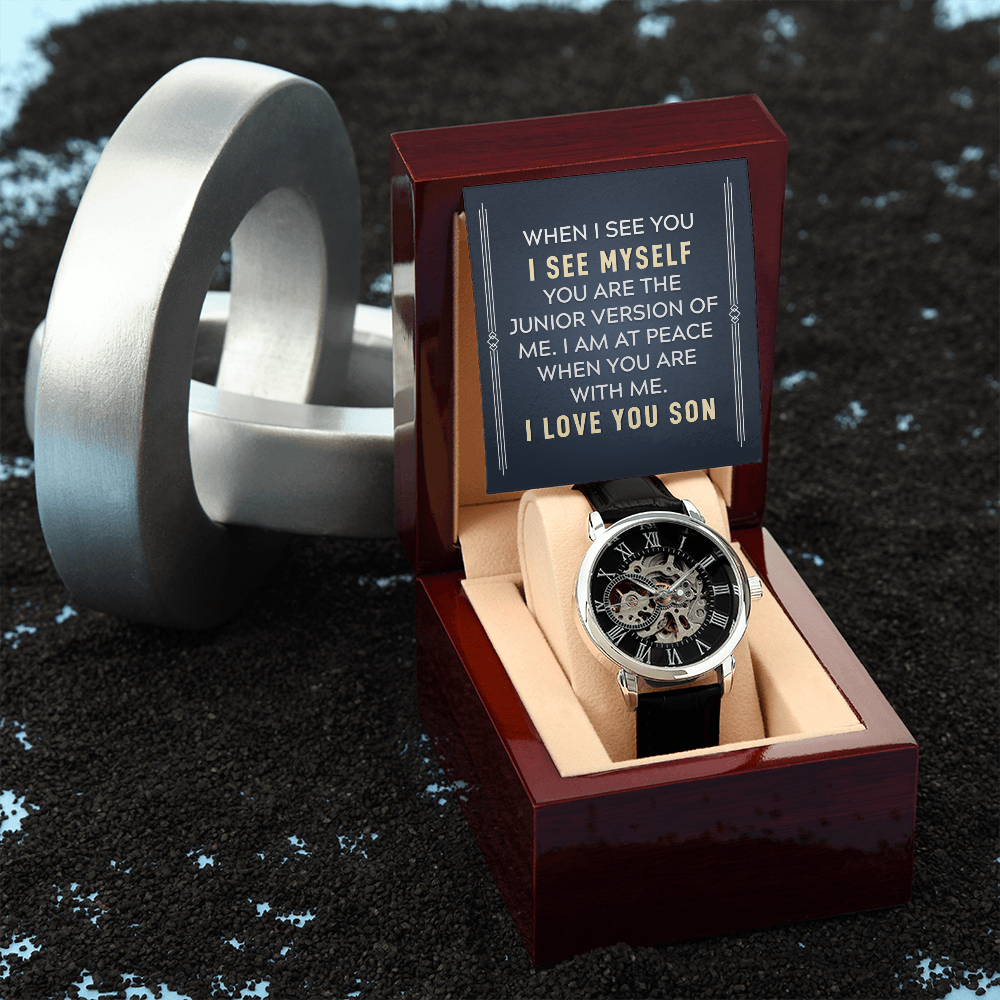 To My Son When I See You Men's Openwork Watch With Message Card in Mahogany Box-Express Your Love Gifts