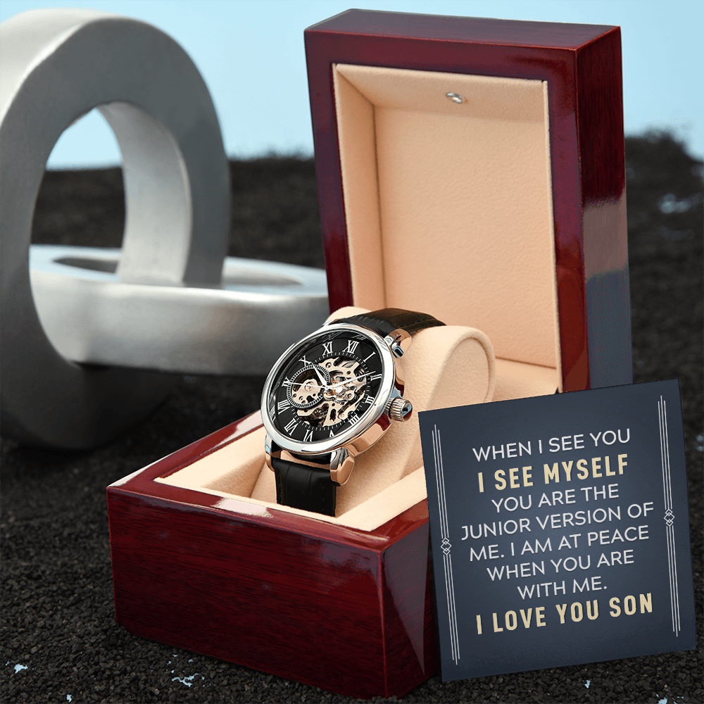 To My Son When I See You Men's Openwork Watch With Message Card in Mahogany Box-Express Your Love Gifts