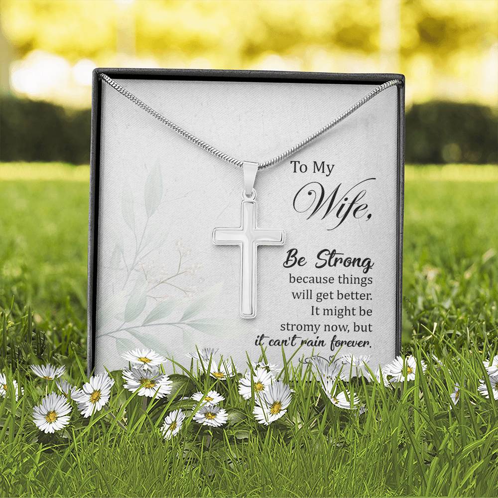 To My Wife Be Strong Cross Card Necklace w Stainless Steel Pendant-Express Your Love Gifts