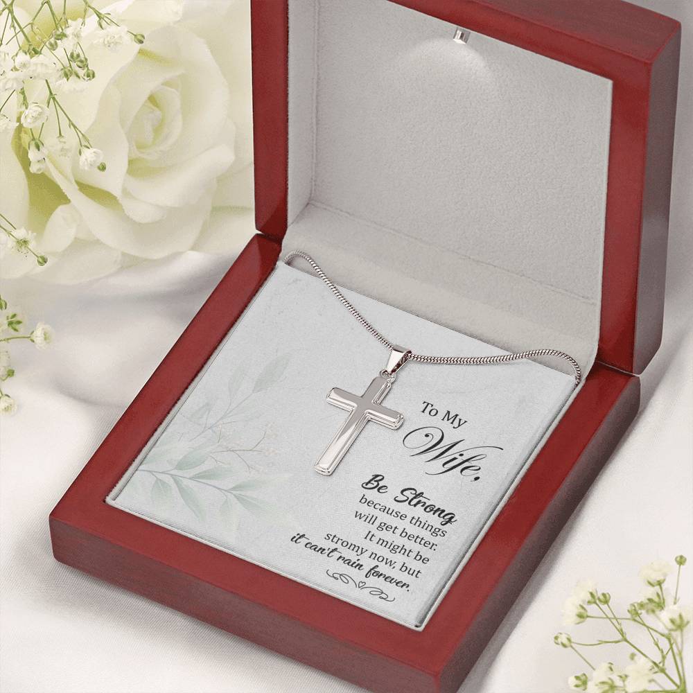To My Wife Be Strong Cross Card Necklace w Stainless Steel Pendant-Express Your Love Gifts