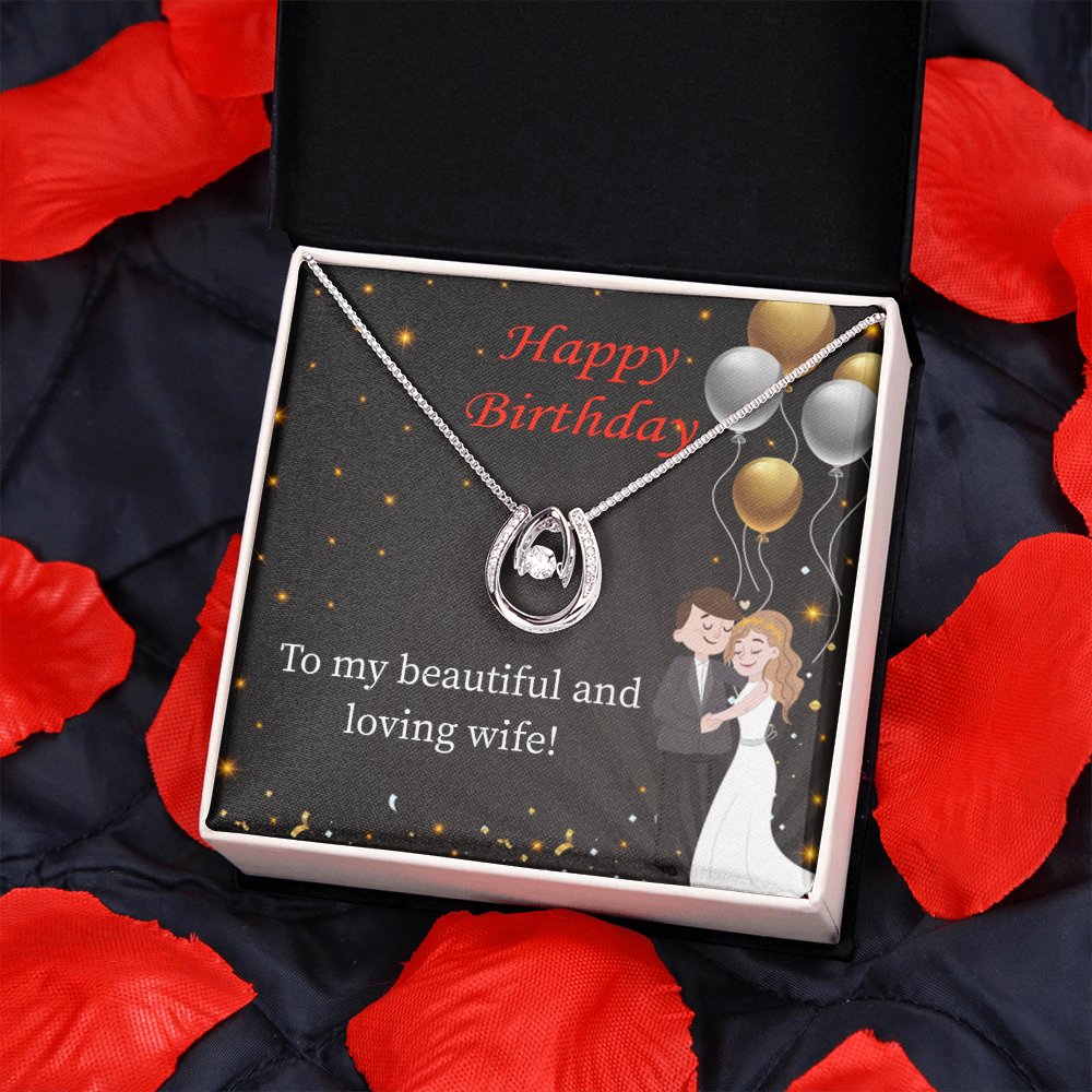 To My Wife Birthday Beautiful and Loving Wife Lucky Horseshoe Necklace Message Card 14k w CZ Crystals-Express Your Love Gifts