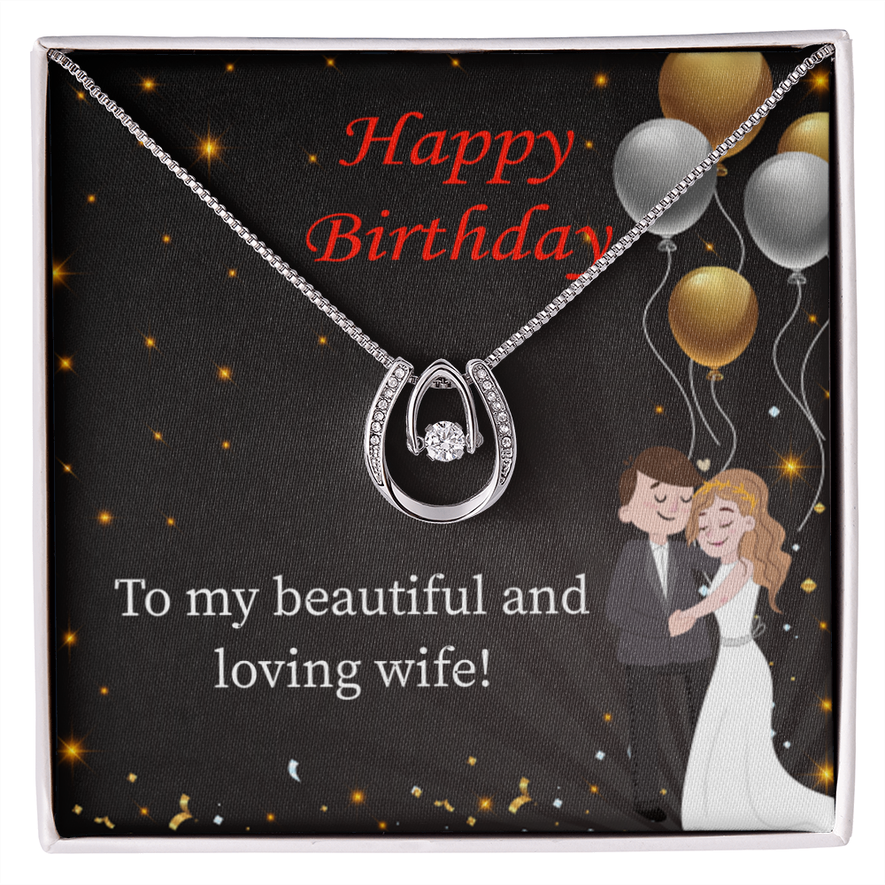 To My Wife Birthday Beautiful and Loving Wife Lucky Horseshoe Necklace Message Card 14k w CZ Crystals-Express Your Love Gifts