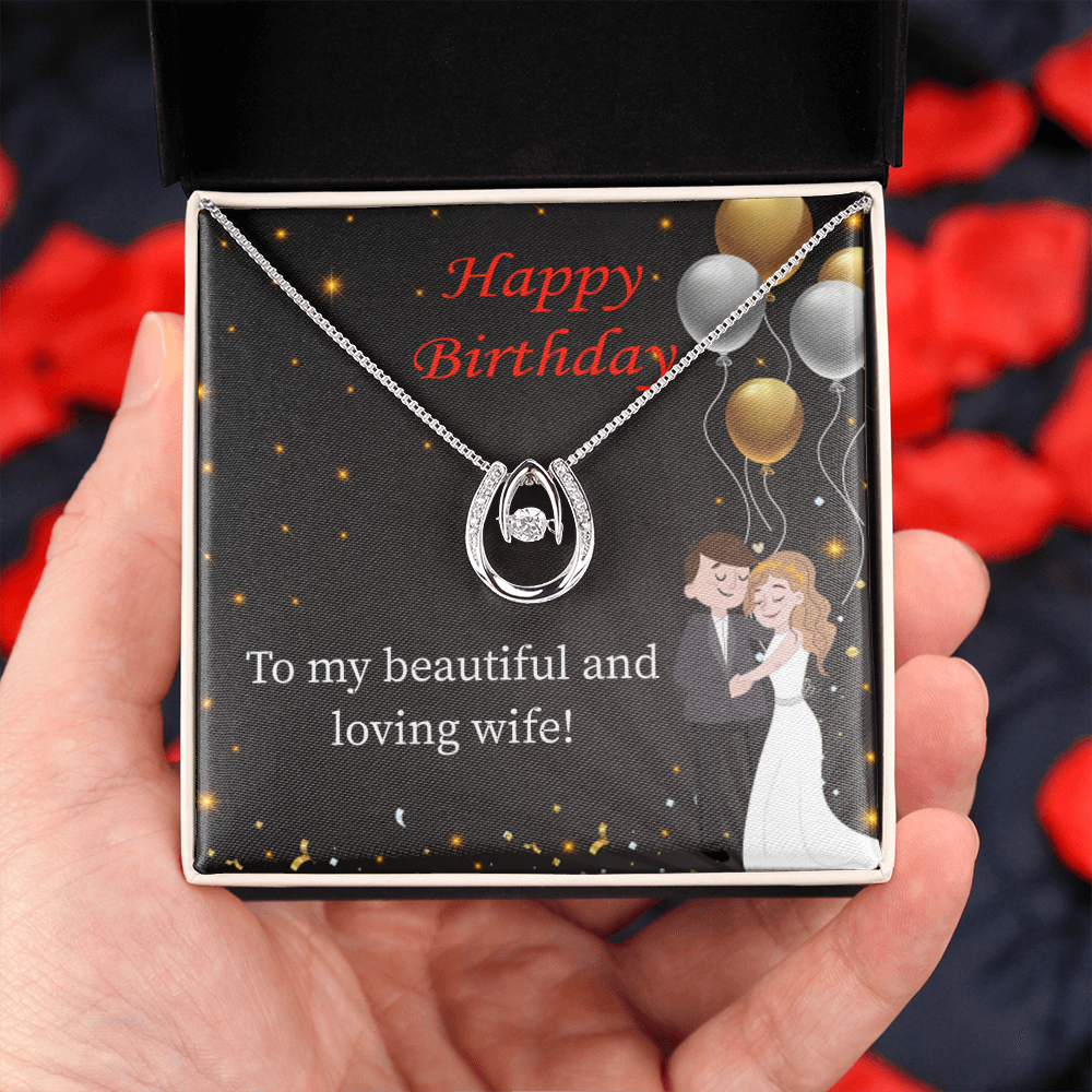 To My Wife Birthday Beautiful and Loving Wife Lucky Horseshoe Necklace Message Card 14k w CZ Crystals-Express Your Love Gifts
